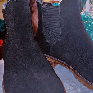 Black Suede Thick Sole Slip On Ankle Boots